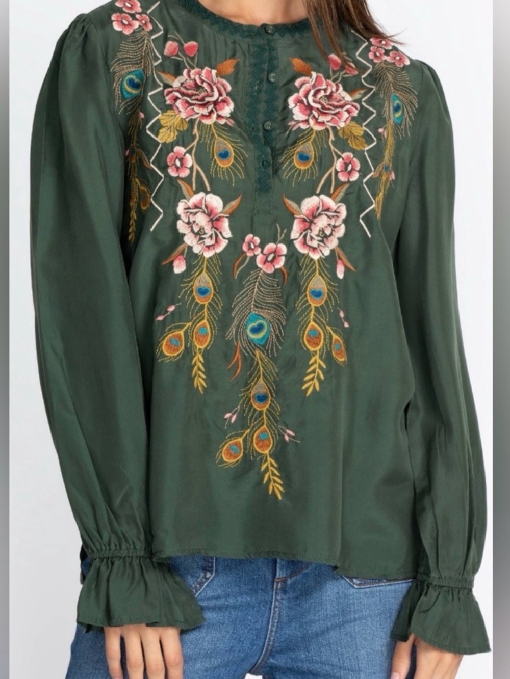 BEAUTIFUL JOHNNY WAS GREEN SILK QUITO VICTORIAN PRAIRIE BLOUSE
 NEW WITH TAGS - Picture 2 of 11